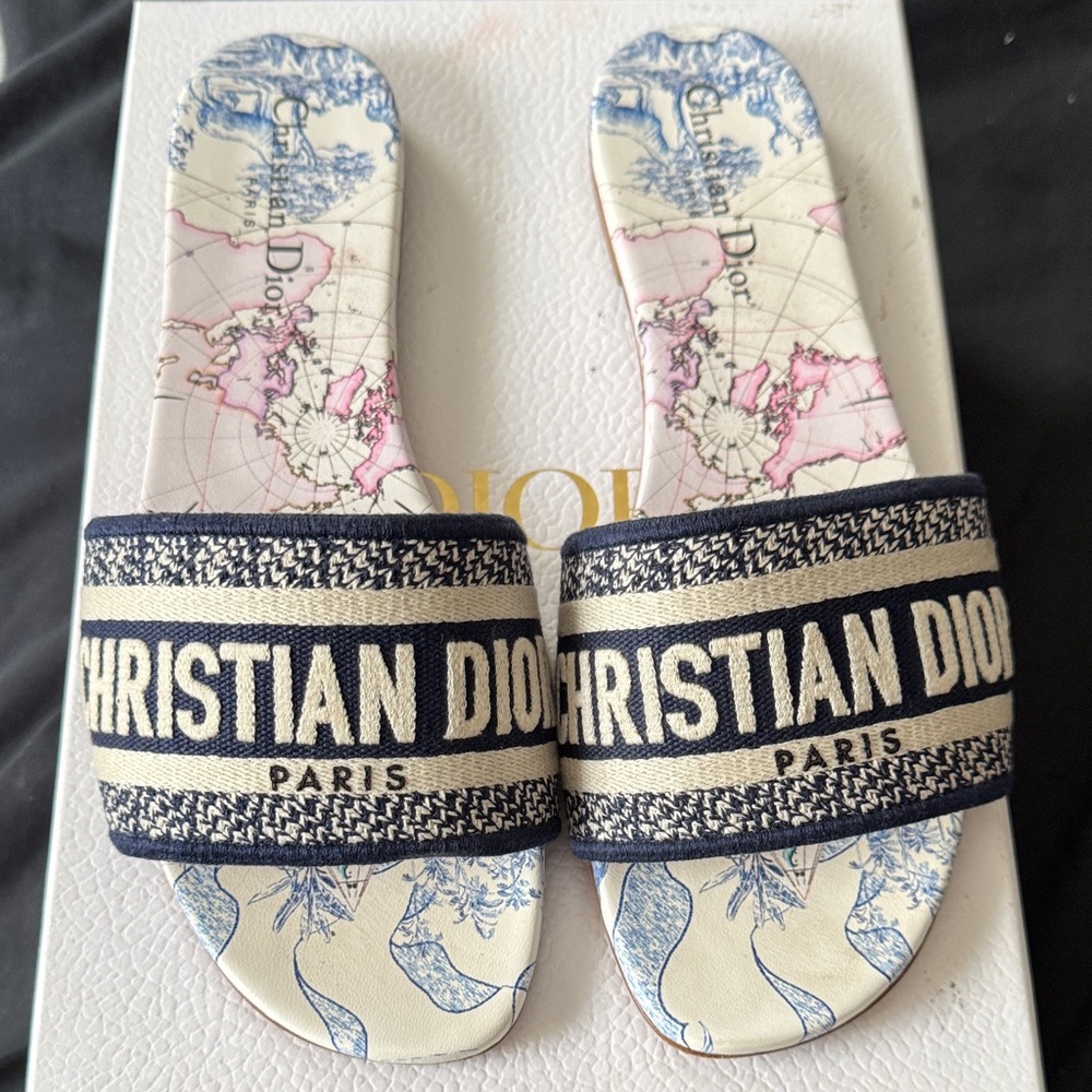 Christian Dior Around the world  Blue and White Women's Slide Sandals